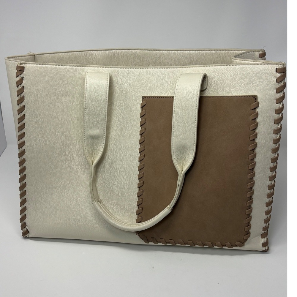 BCBGMAXAZRIA Cream Tan Colorblock Whipstitch Tote Bag with Pouch